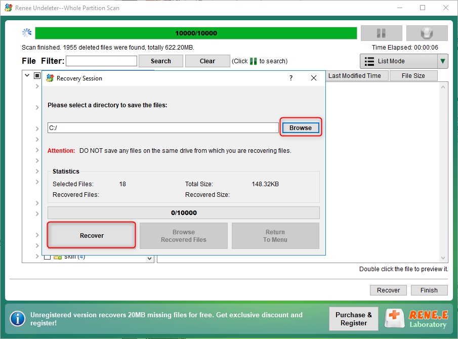 select the output folder for usb or sd card recovery session in renee undeleter