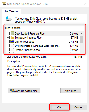 select temp files to delete in windows 10