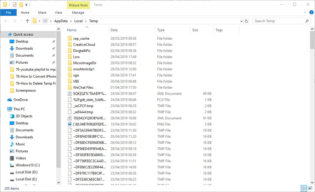 open temp folder in windows 10