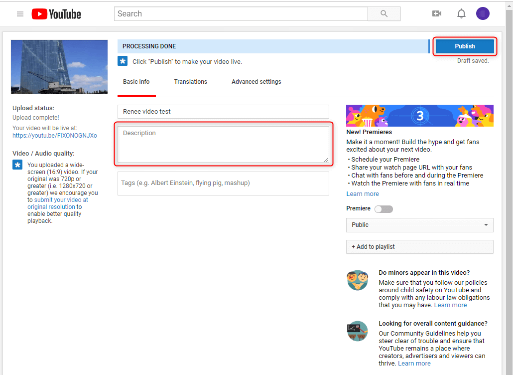 write description in youtube video and click to publish