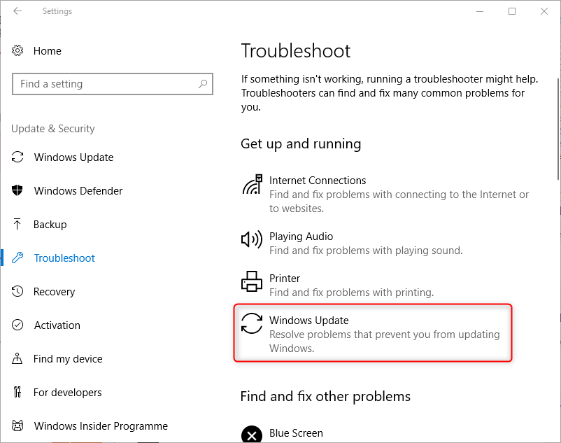 windows update in windows troubleshoot