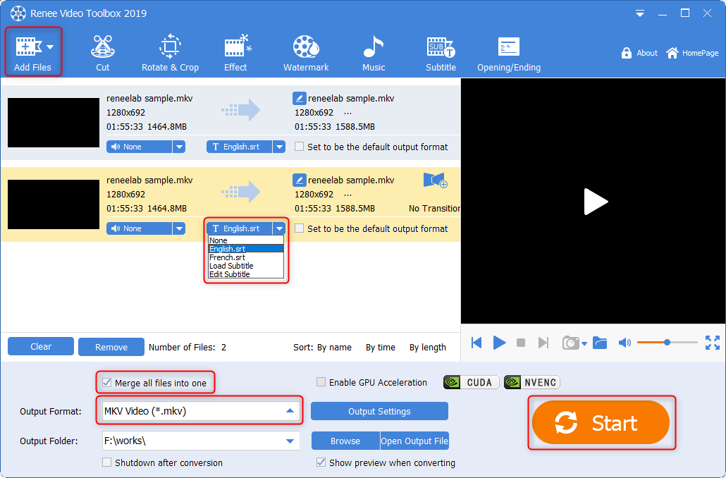 select subtiles and combine video in renee video editor