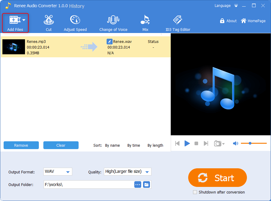 click to add files to select the audio files