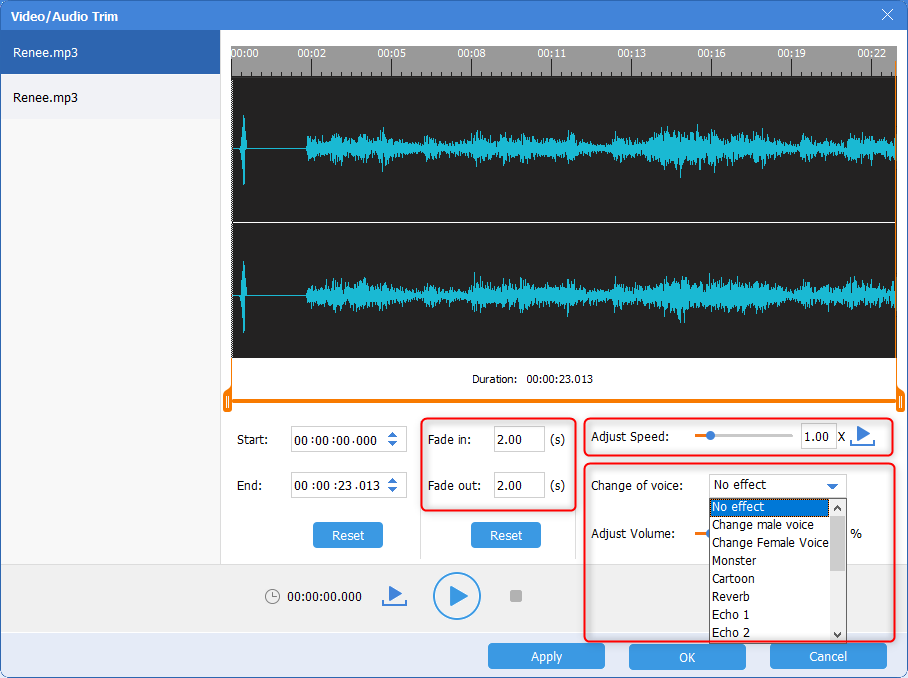 renee audio cutter adjust speed and volume