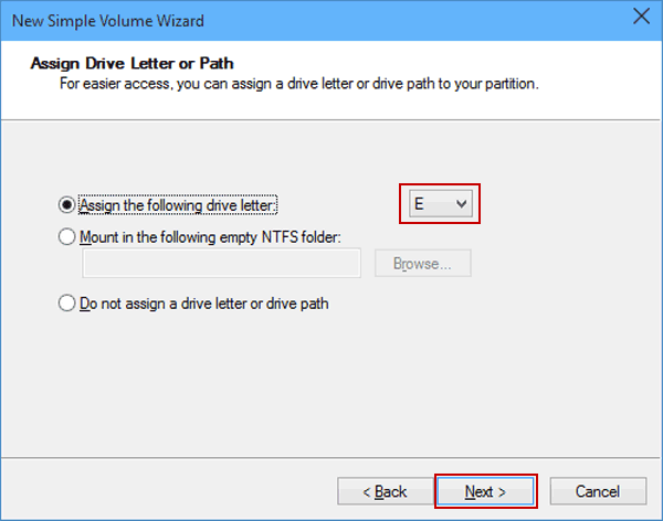 assign a drive letter for the new volume
