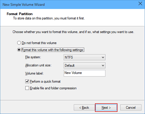 format the volume with the settings