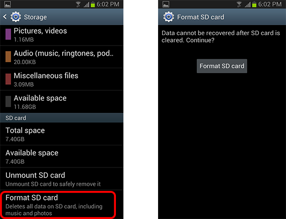 format sd card on Android phone by steps