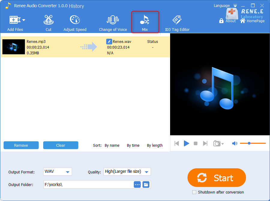 click to select mix function in renee audio converter