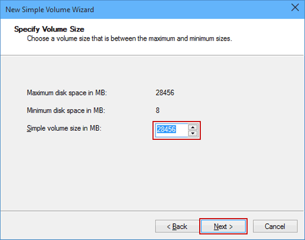 set the volume size in new simple volume wizard