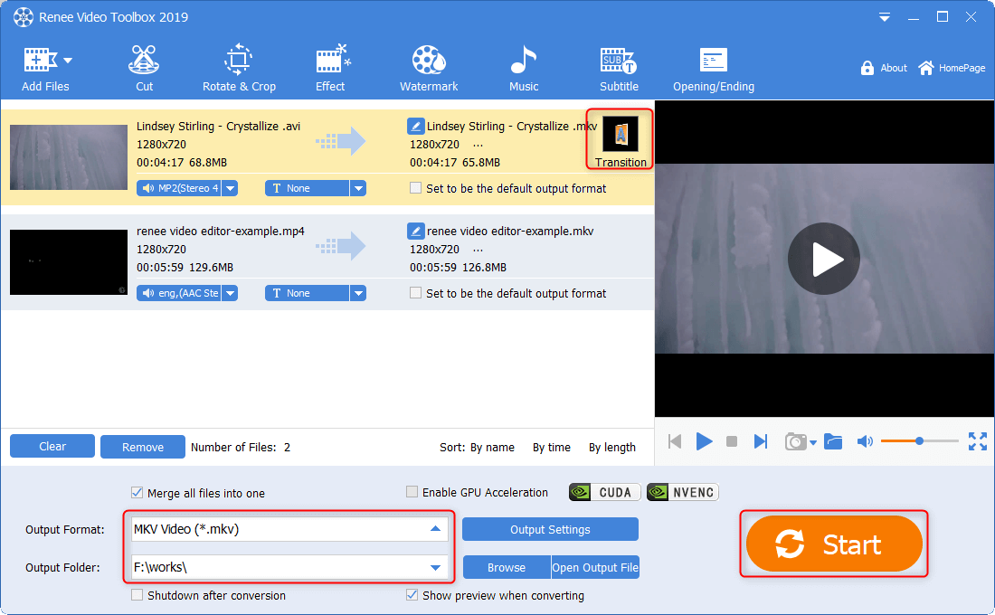 add transition and output the mkv videos in renee video editor pro