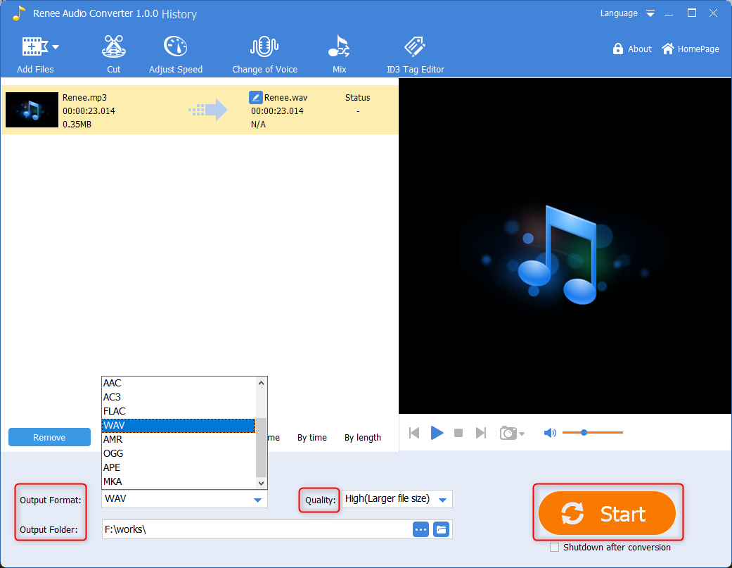 select output formats and folder and click start in renee audio converter