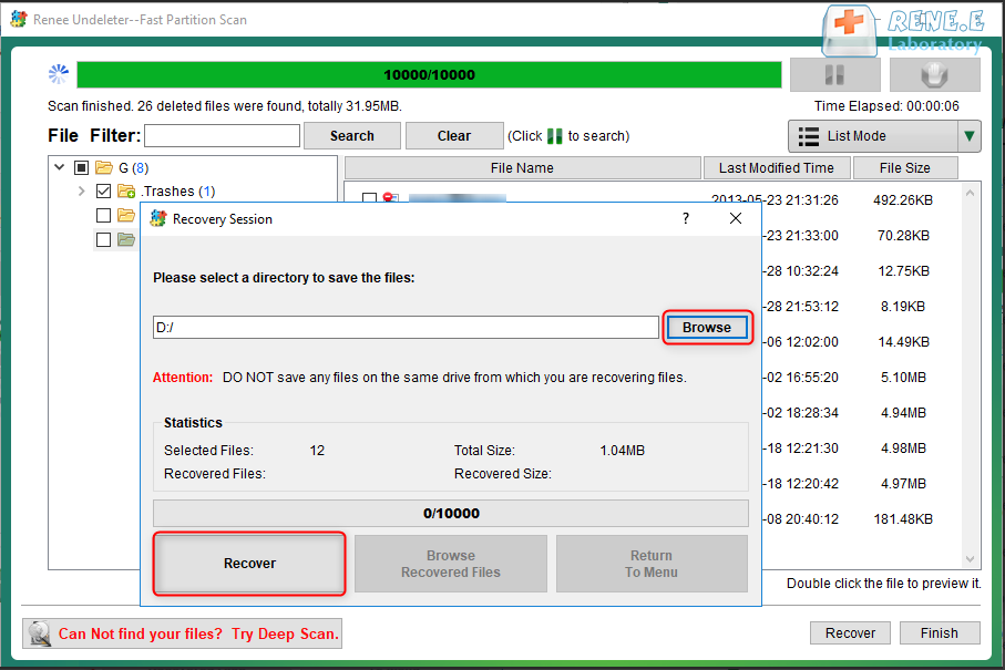 select the destination to save the recovered files in renee undeleter to restore sd card to full capacity