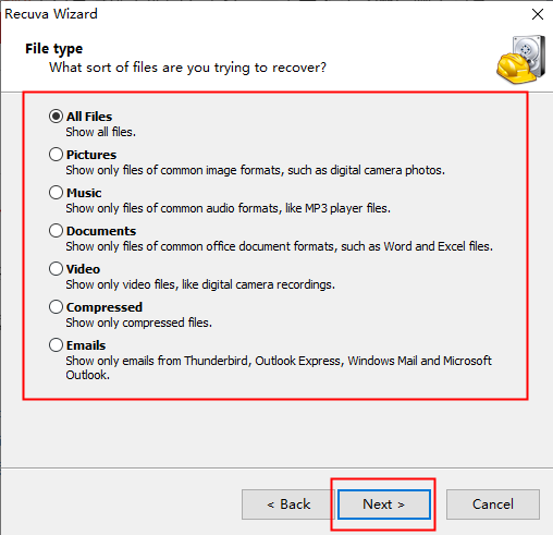 select the file types in recuva