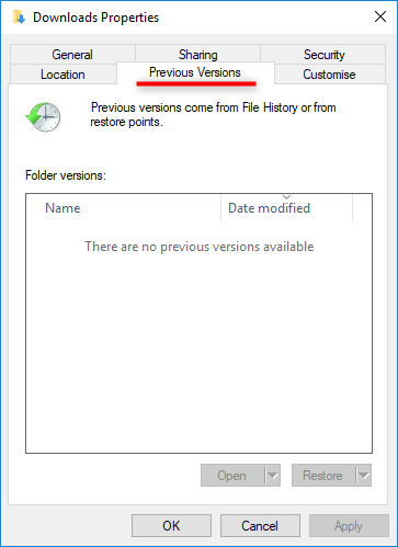 restore the files to the previous version in windows