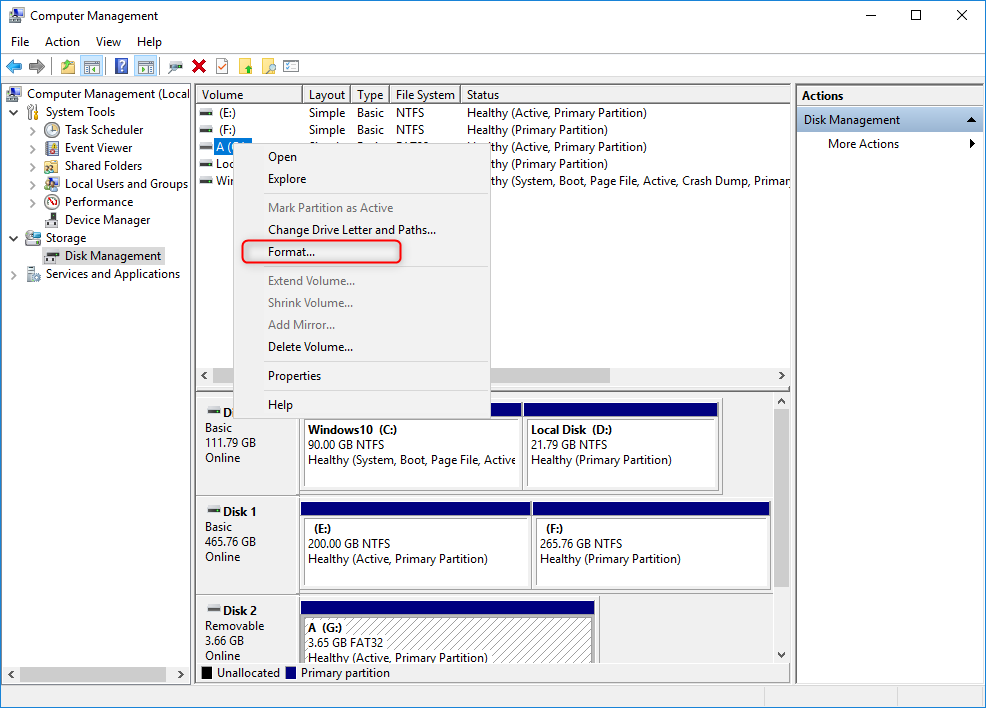 right click to select format sd card in disk management