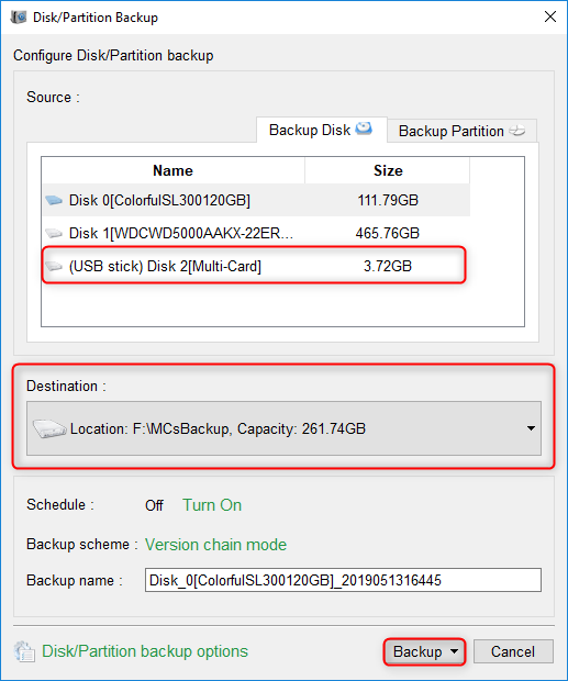 select the target sd card and position to save and clone data