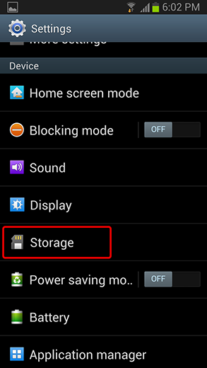 touch storage on android phone settings