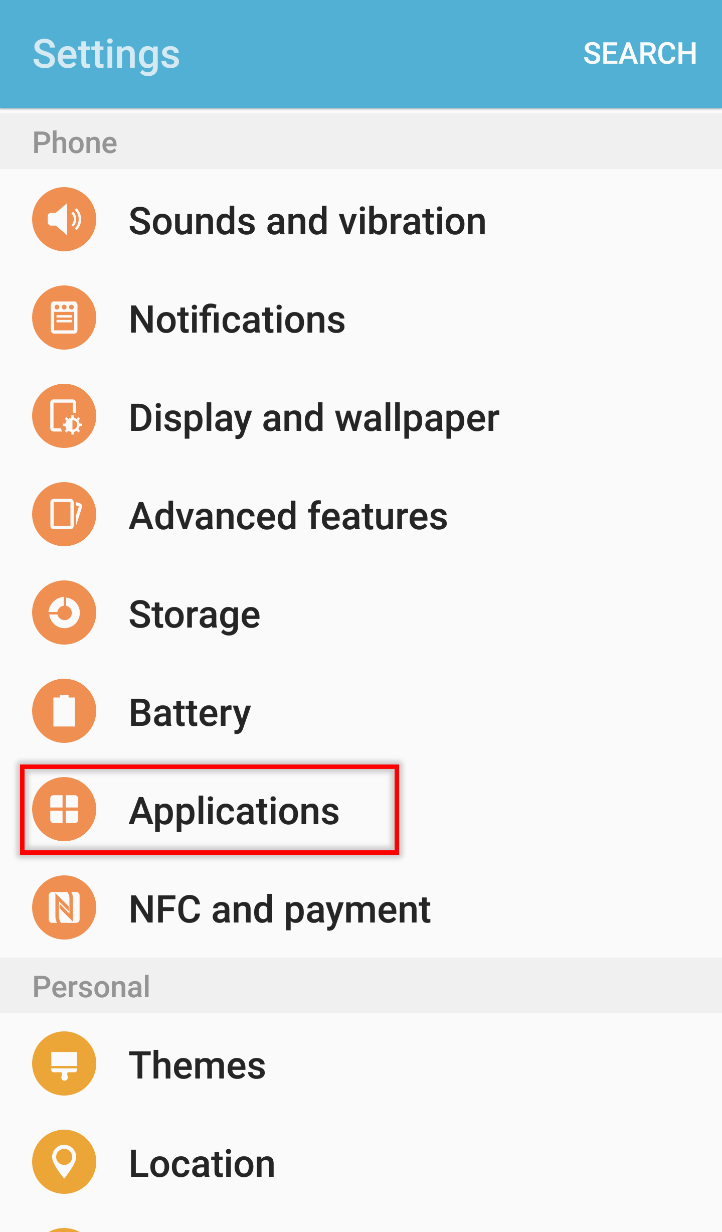 enter applications in samsung settings