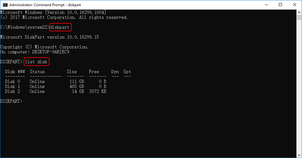 type and list disks in command prompt