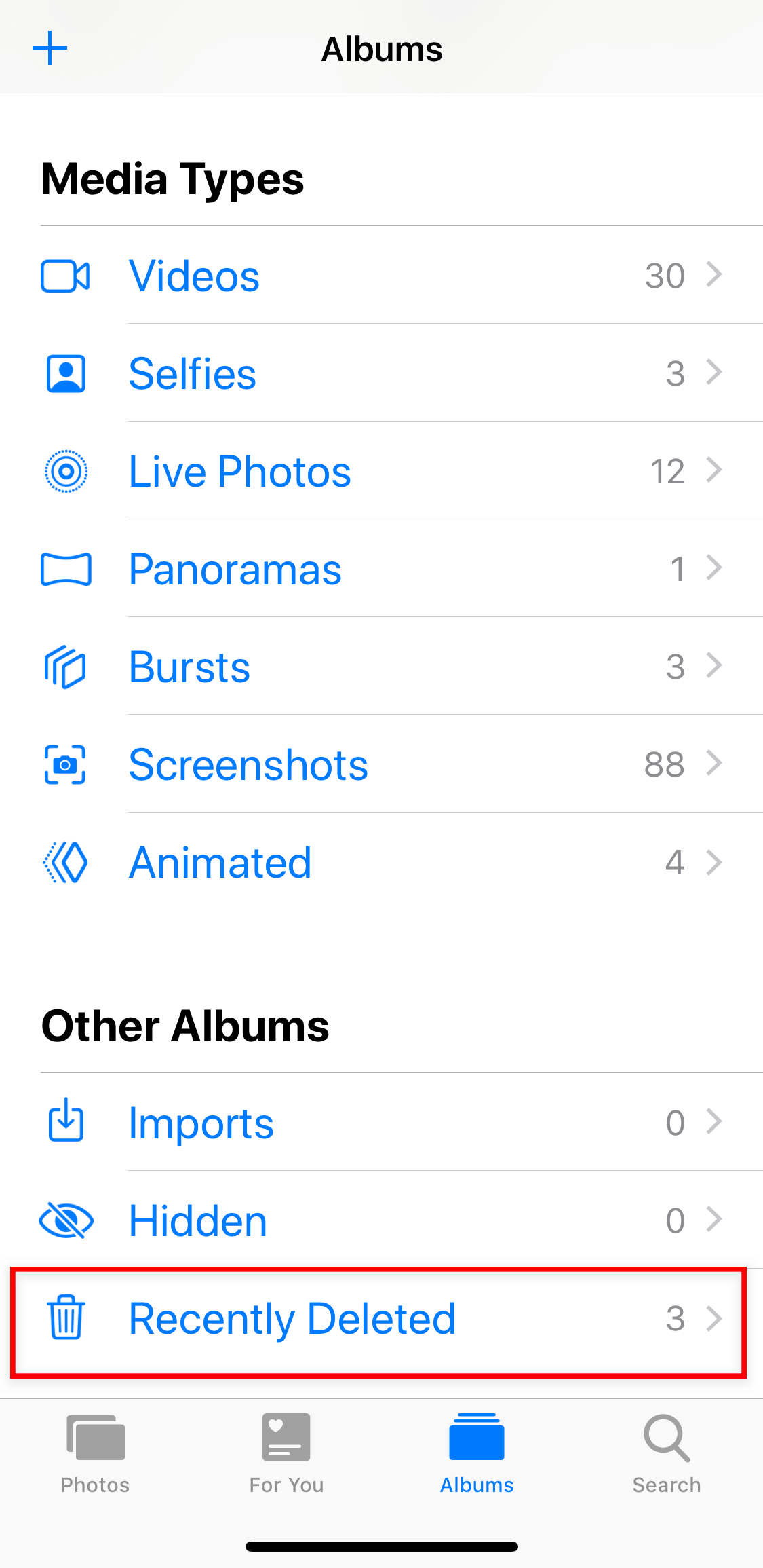 find recently deleted option in iphone albums