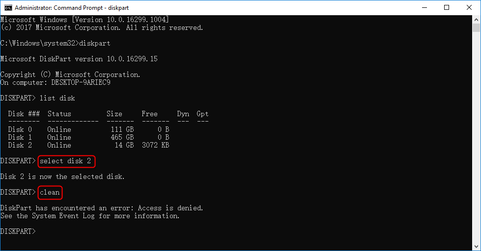 select and erase the target disk in command prompt