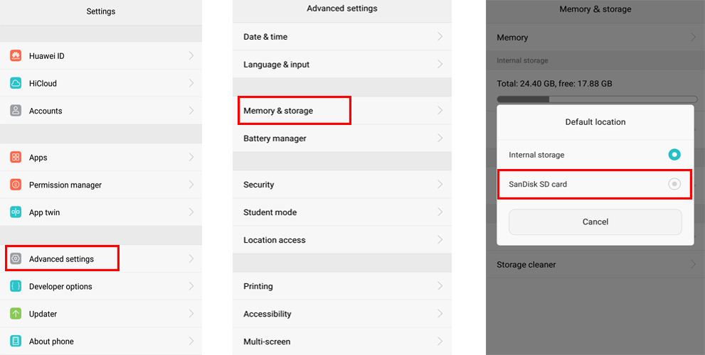 change the default storage location to be sd card