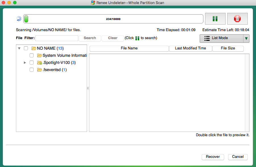 double click to select files in whole partition in renee undeleter on mac