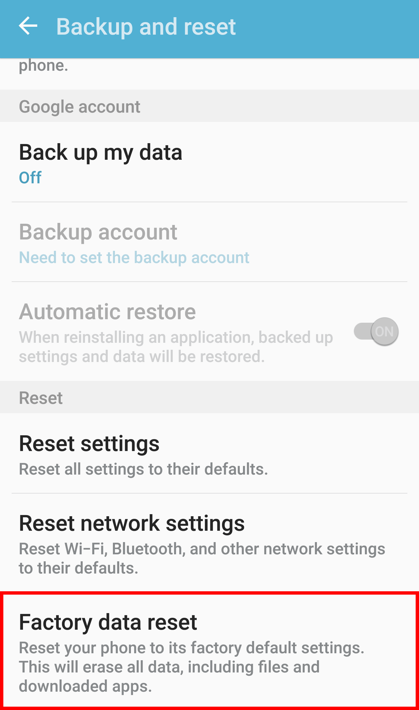 tap to factory data reset samsung