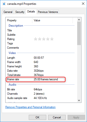 check the frame per second in file properties