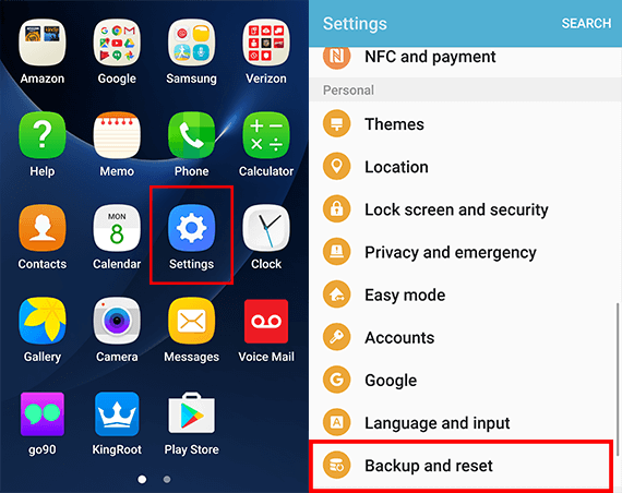 go to backup and reset in samsung settings