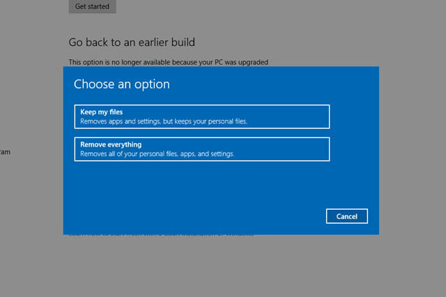 select remove everything in windows 10