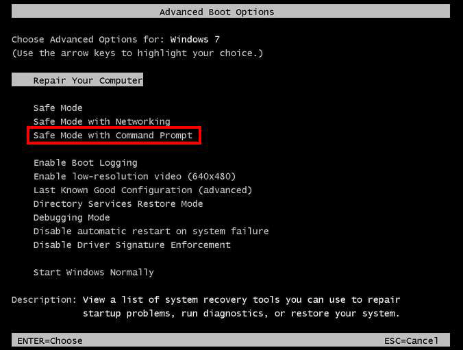 select to boot safe mode with command prompt