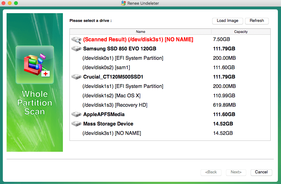 click to select a target drive in whole partition scan in renee undeleter on mac