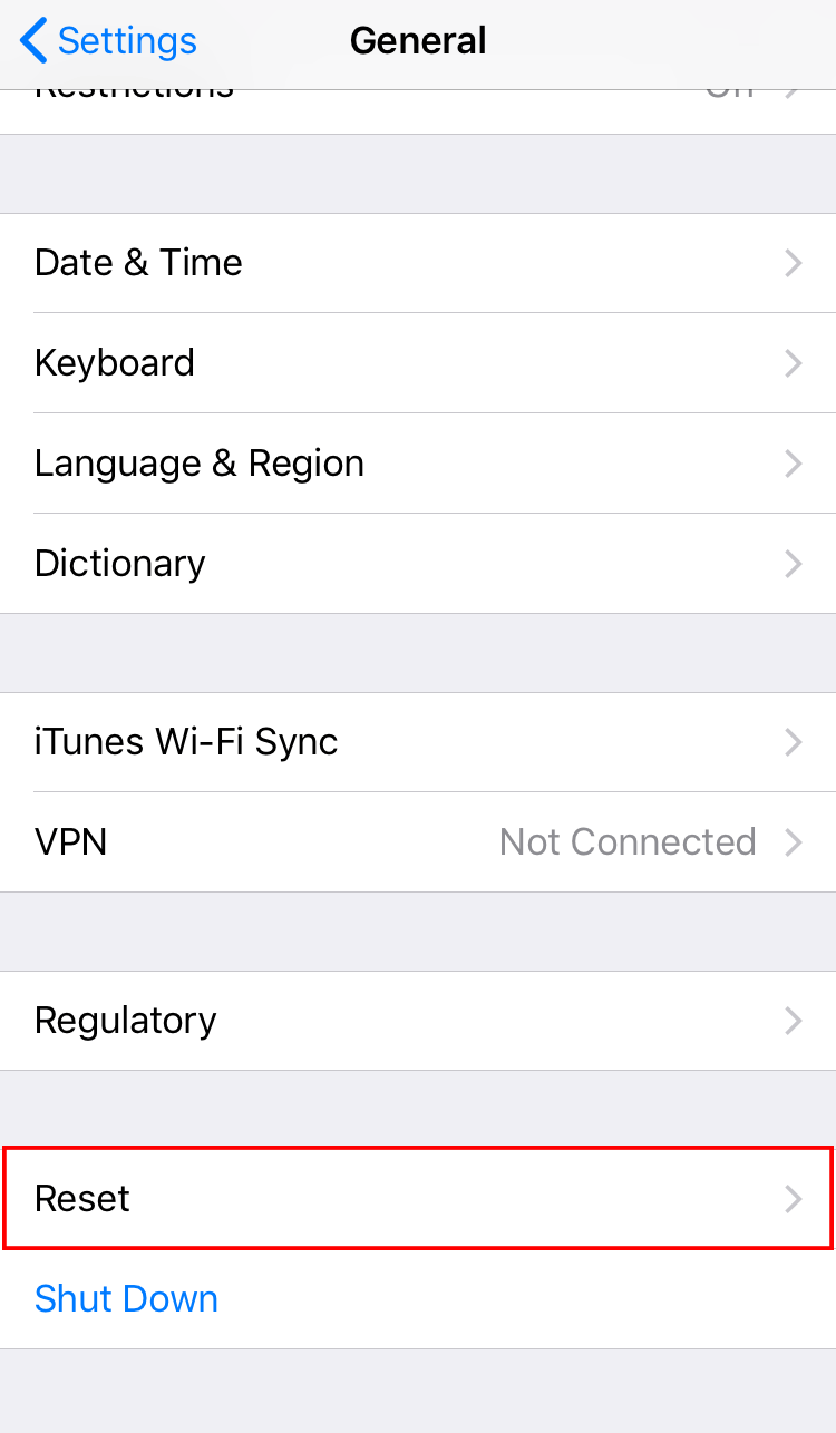 reset iphone in general menu