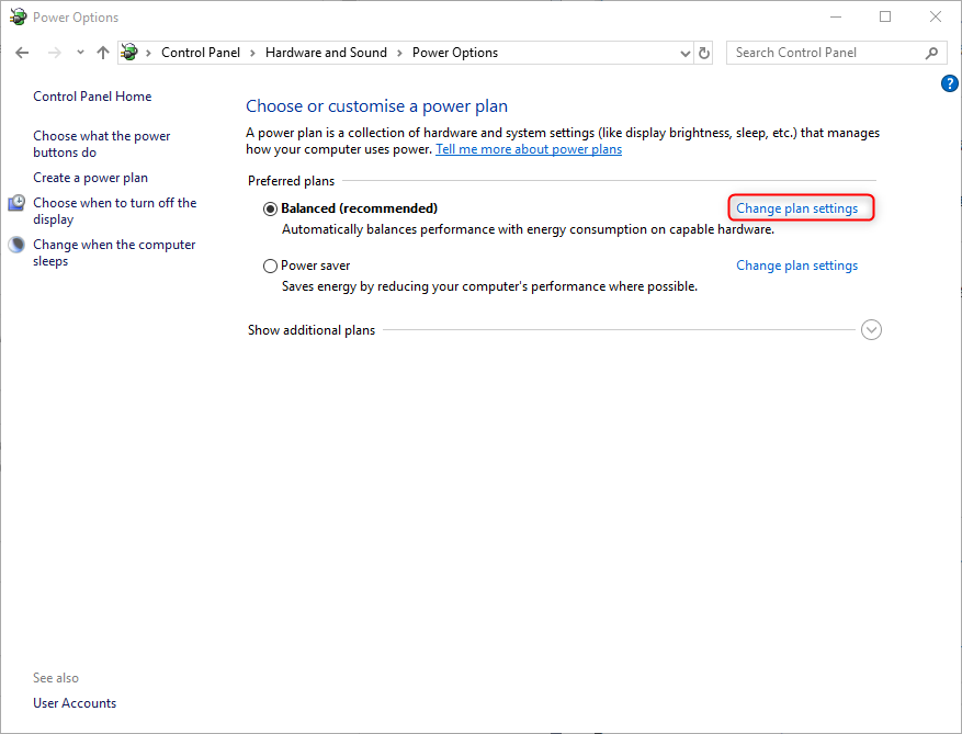 change power plan settings in control panel