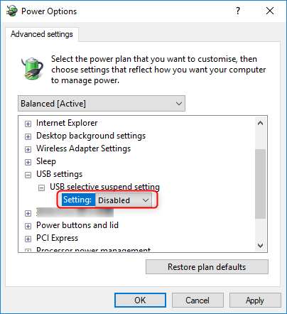disable usb selective suspend settings