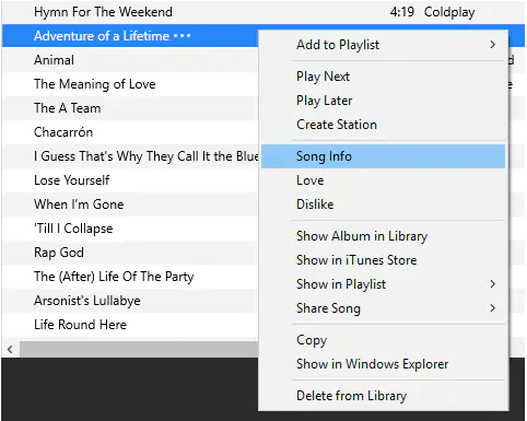 right click at the song to get the music information