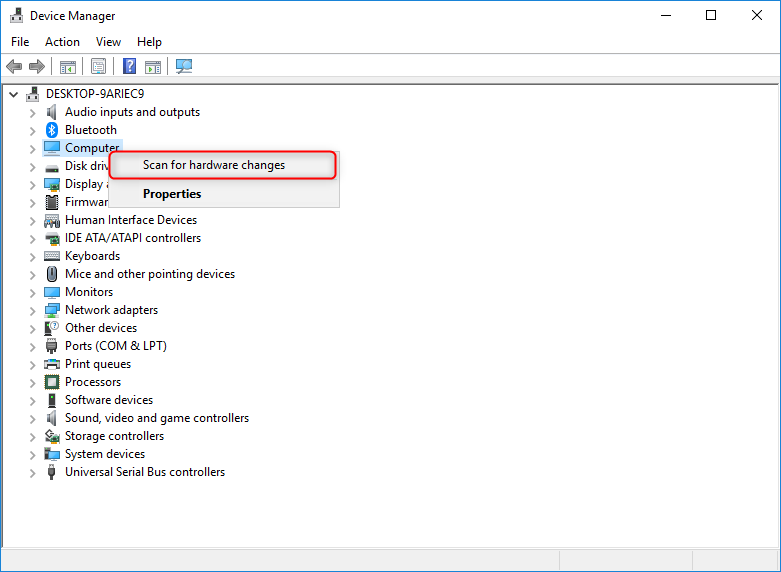 scan for computer hardware changes when usb ports are not working