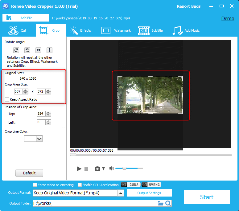 select an screen area to crop in renee video editor