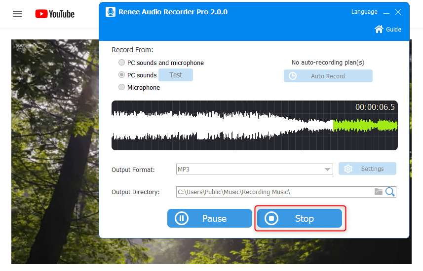 stop recording youtube sounds in renee audio recorder pro