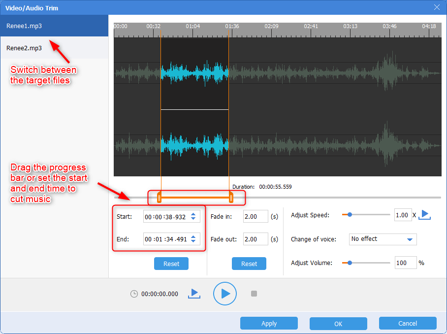 trim or cut a part out of a song in renee audio tools