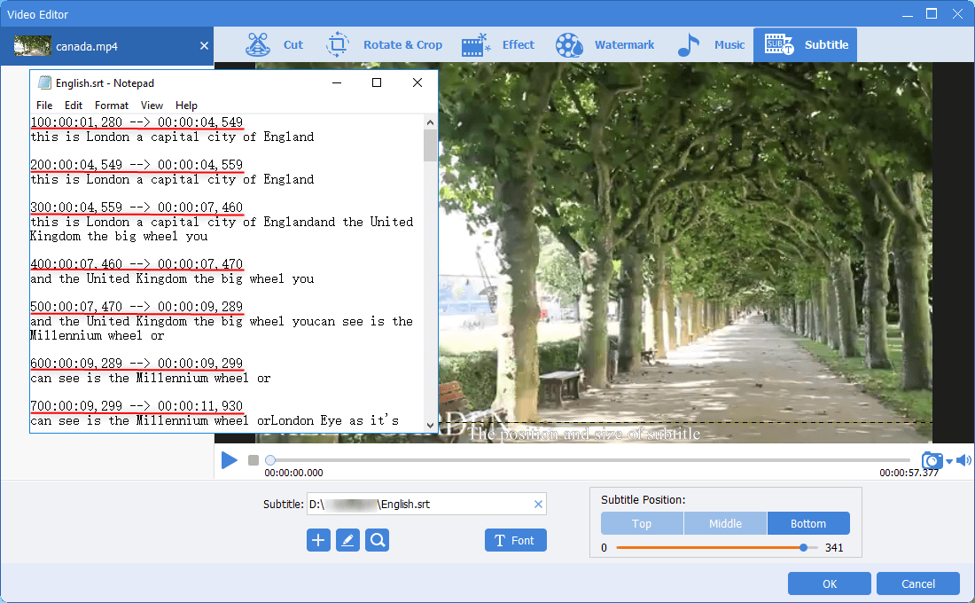 change the time of subtitles after adding the subtitle file