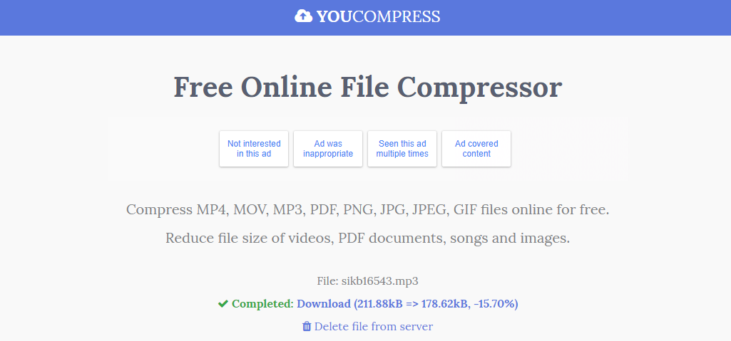 finish compressing the audio file in youcompressor