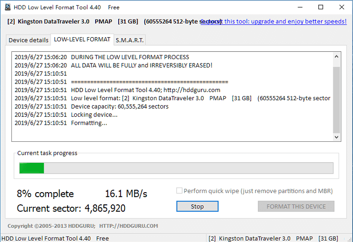 wait for formatting in hdd low level format tool