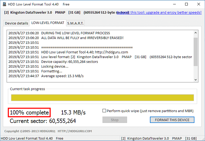 finish low level formatting hdd with a tool