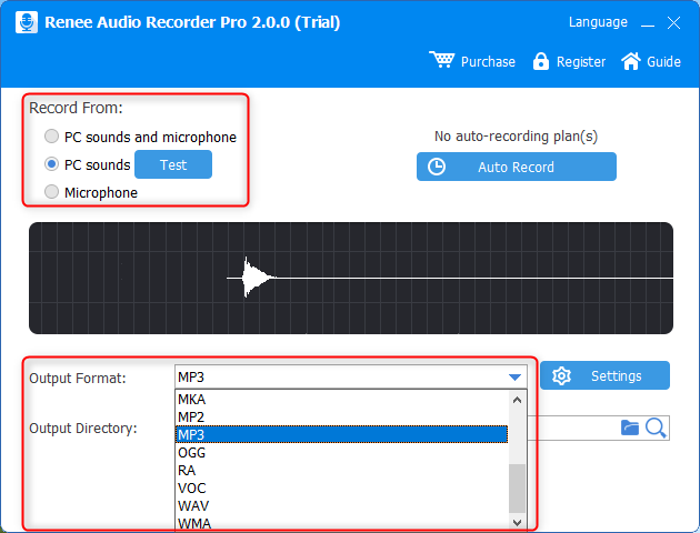 select output formats and output folder in renee audio recorder pro