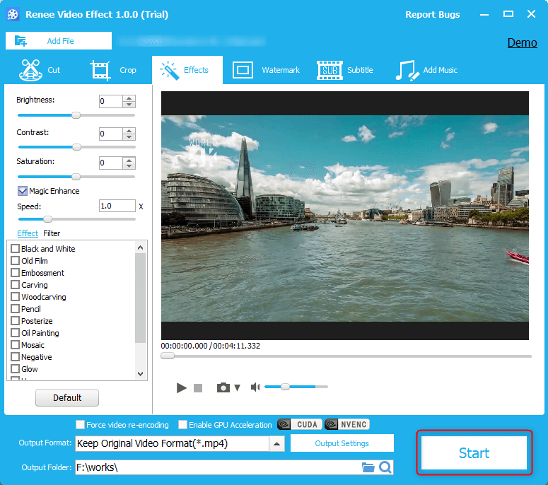 click start to save the improved video in renee video editor