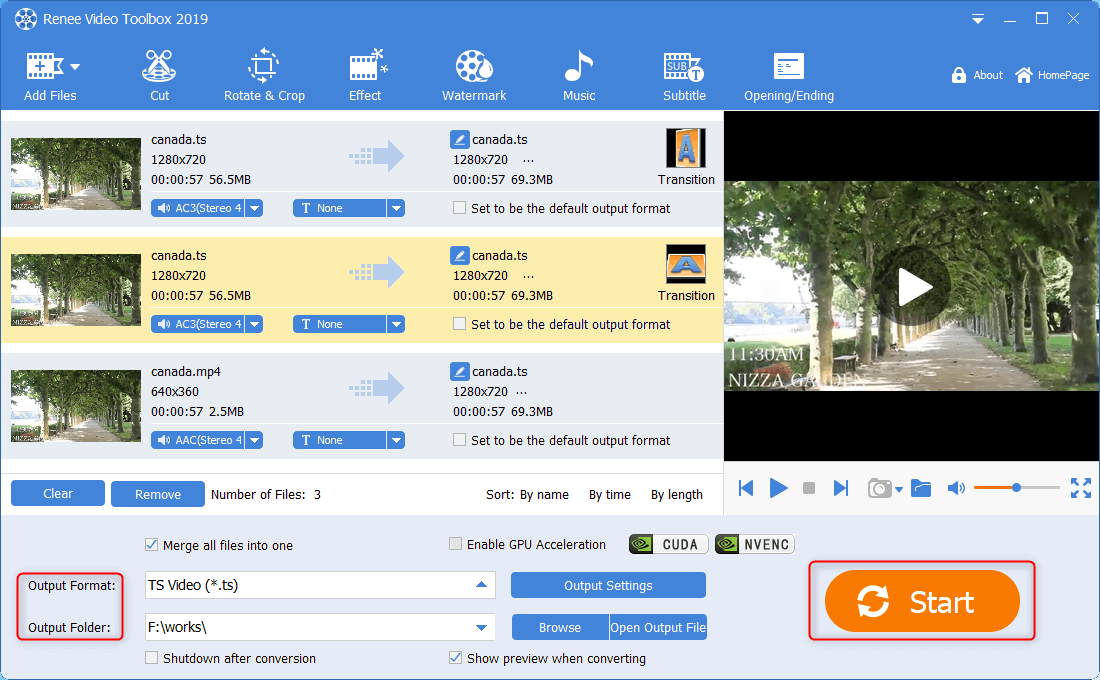 join all ts files into one and output them in renee video editor pro