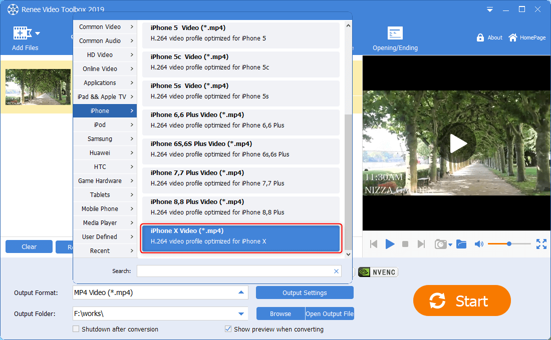 select an output format for iphone x in renee video editor pro to convert mp4 video