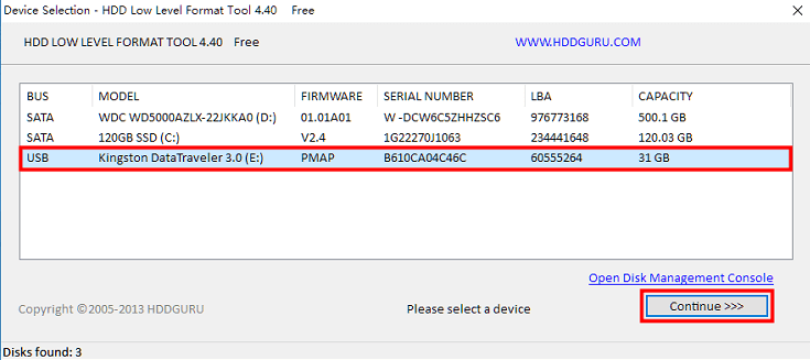 select the target hard disk drive in hdd low level format tool